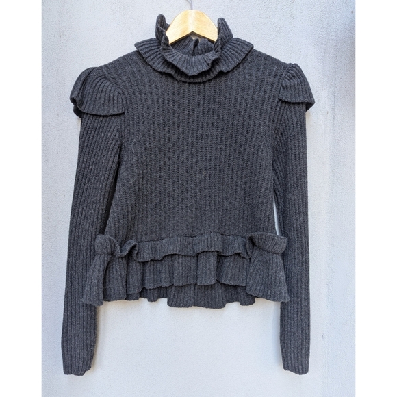 GANNI Recycled Wool-Blend Cutout Ruffle Ribbed Peplum Sweater – Open Back – S - Picture 4 of 13